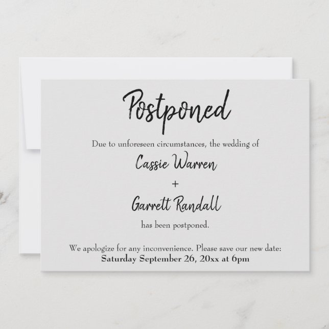"Postponed" Wedding Black on Light Grey Card (Front)