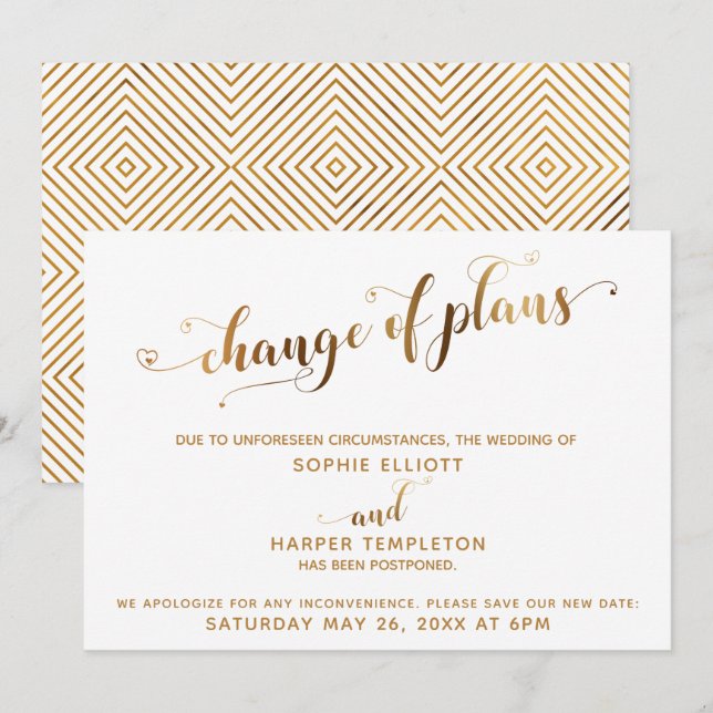 Postponed Wedding Change of Plans Gold & Hearts Invitation (Front/Back)
