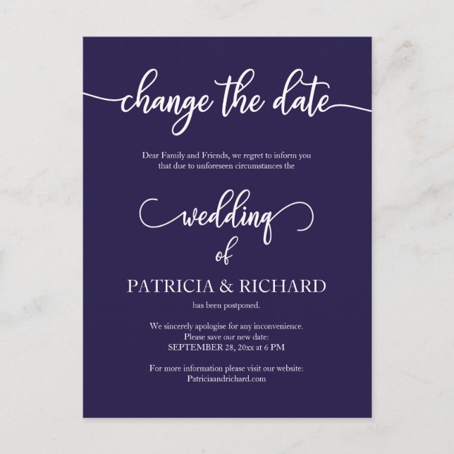 Postponed Wedding Cheap Elegant Navy Blue Postcard (Front)