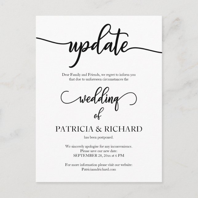 Postponed Wedding Date Update Announcement Postcard (Front)