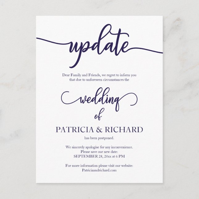 Postponed Wedding Date Update Navy Blue Script Postcard (Front)