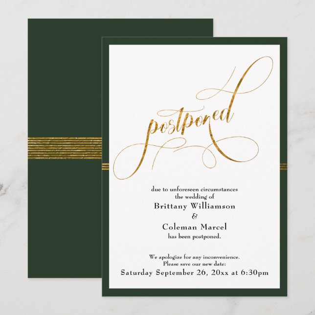 Postponed Wedding Elegant Green & Gold Stripe Card (Front/Back)