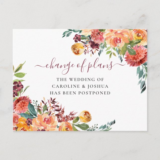 Postponed Wedding Fall Flowers Change of Date Postcard (Front)