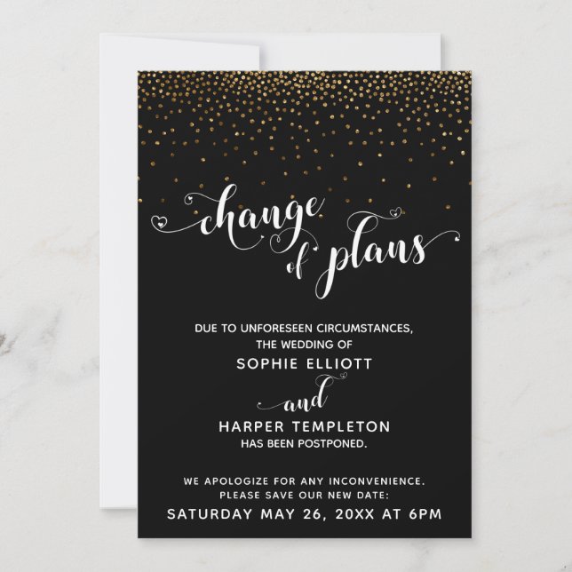 Postponed Wedding Gold Black Change of Plans Card (Front)