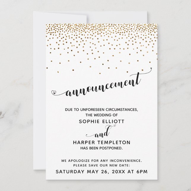 Postponed Wedding Gold Confetti & Hearts Script Invitation (Front)