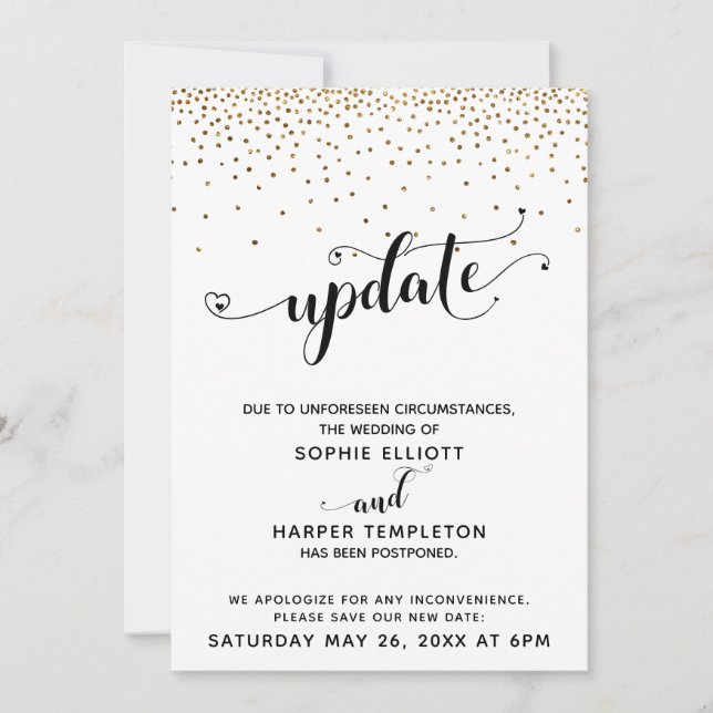 Postponed Wedding Gold Confetti & Hearts Update Invitation (Front)