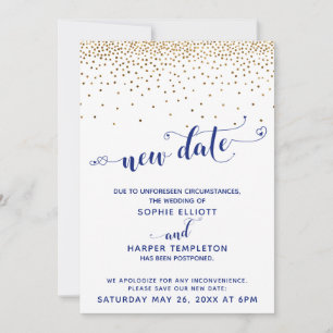 Postponed Wedding Gold Confetti Navy New Date Invitation