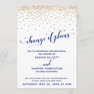 Postponed Wedding Gold Navy Change of Plans Card