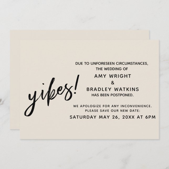 Postponed Wedding Humour Yikes! Cream Announcement (Front/Back)