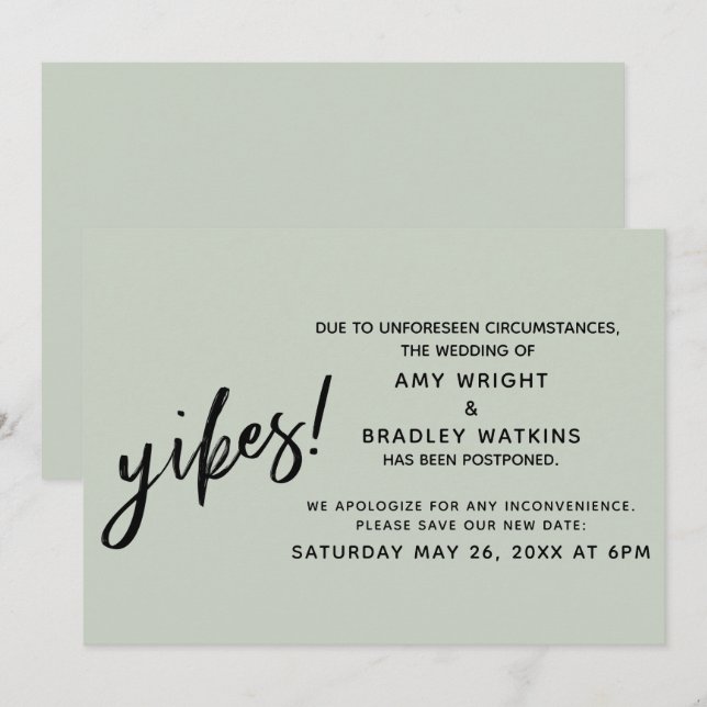 Postponed Wedding Humour Yikes! Sage Announcement (Front/Back)