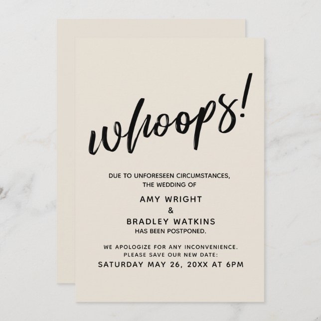 Postponed Wedding Humourous "Whoops!" Cream Card (Front/Back)