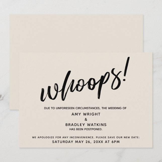 Postponed Wedding Humourous "Whoops!" Cream Card (Front/Back)