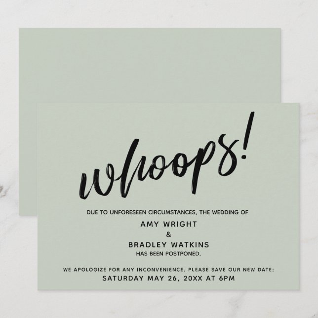Postponed Wedding Humourous "Whoops!" Sage Card (Front/Back)
