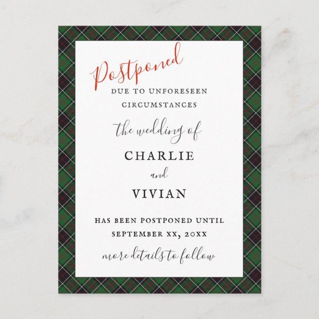 POSTPONED WEDDING Sinclair Clan Tartan Plaid Postcard (Front)