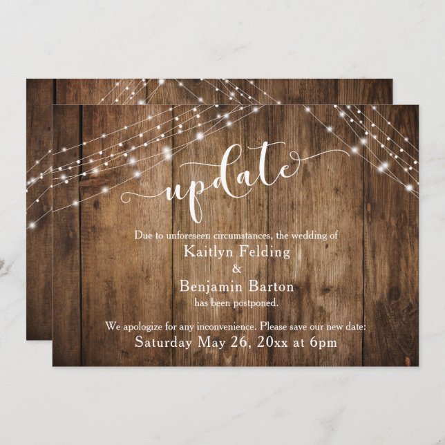 Postponed Wedding Update, Rustic Wood & Lights Invitation (Front/Back)