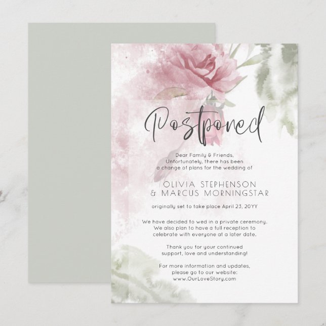 Postponed Wedding Watercolor Dusty Rose Pink Flora Invitation (Front/Back)