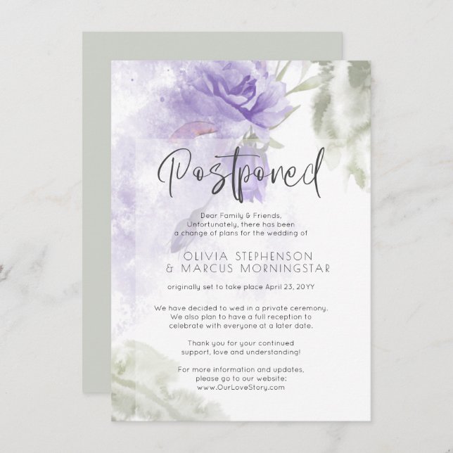 Postponed Wedding Watercolor Purple Floral Invitation (Front/Back)