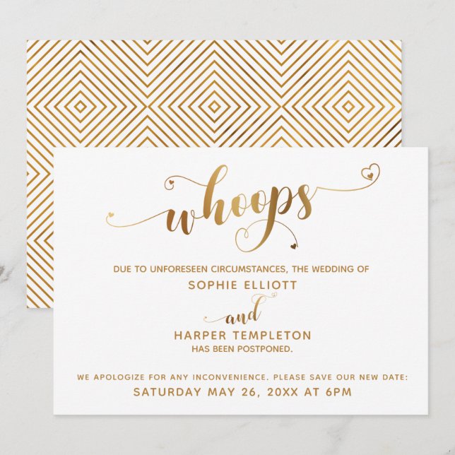 Postponed Wedding "Whoops" Gold Hearts Script Invitation (Front/Back)