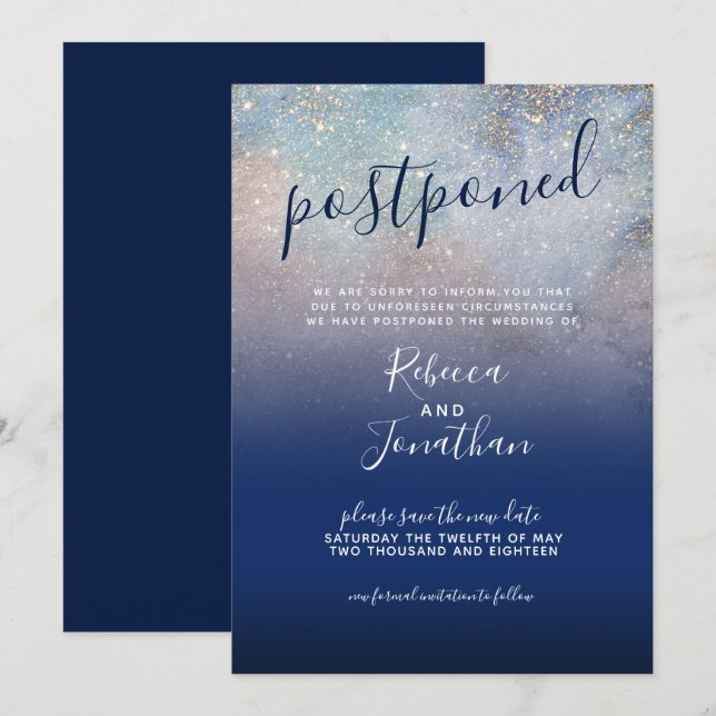 Postponed Written in the Stars Navy Galaxy Wedding Invitation (Front/Back)