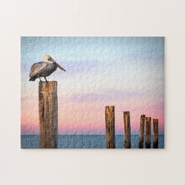 Posts & a Pelican | Fort Myers Beach, Florida Jigsaw Puzzle (Horizontal)