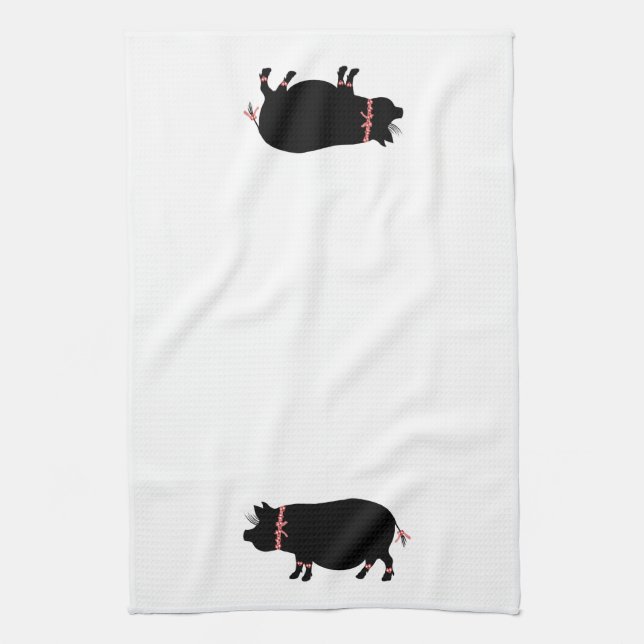Pot Bellie Pig (Red Ribbons) Kitchen Towel (Vertical)