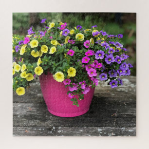 Pot de fleurs roses et jaunes Puzzle floral en piè