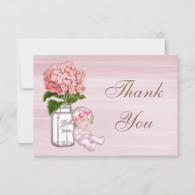 Pot de maçon, bébé, Merci rose d'hortensia (Devant)