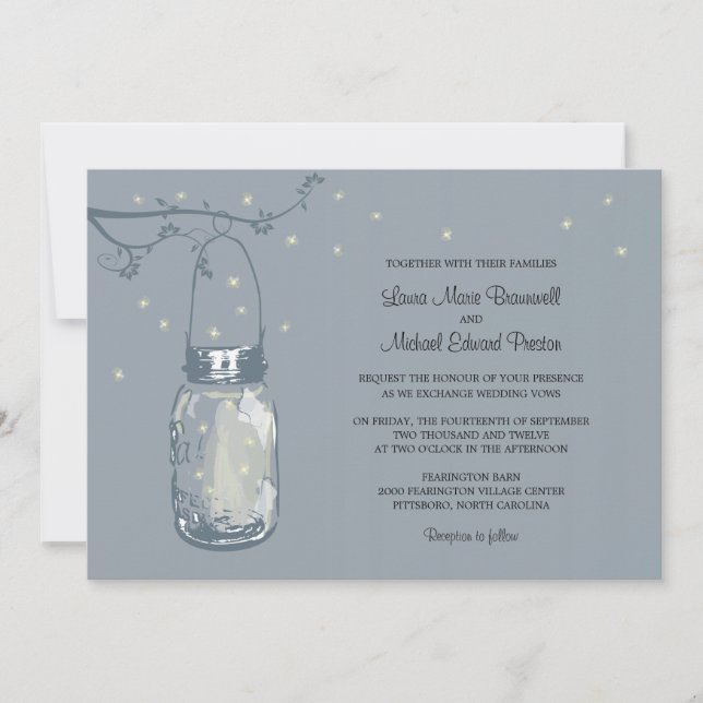 Pot de maçon et lucioles épousant des invitations (Devant)