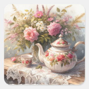 Pot de thé et coupe avec Sticker Fleurs Roses