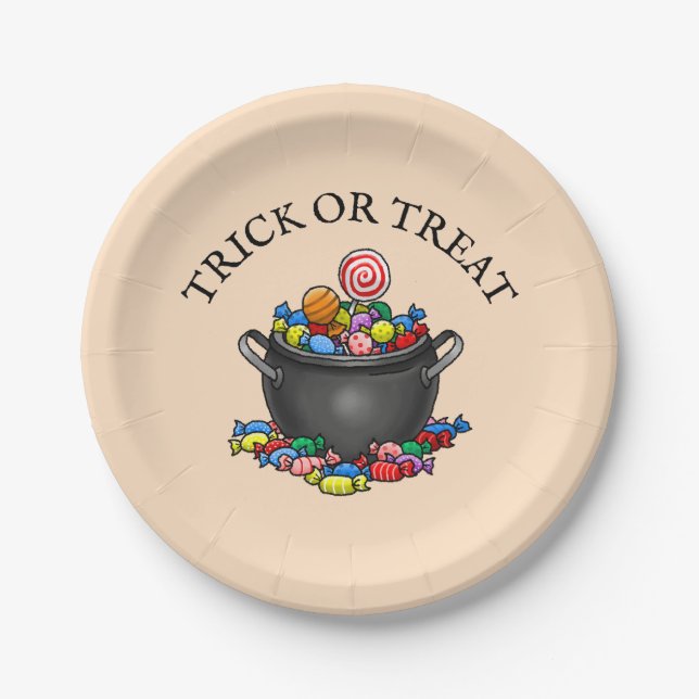 Pot filled with candy for Halloween Paper Plate (Front)