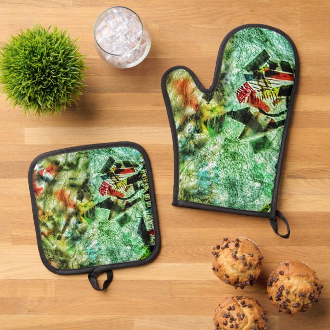 Pot holder and oven mitt white abstract oven mitt & pot holder set (Top Down)