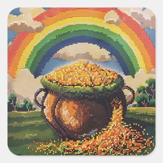 Pot-O-Gold and Rainbow needlepoint Square Sticker (Front)