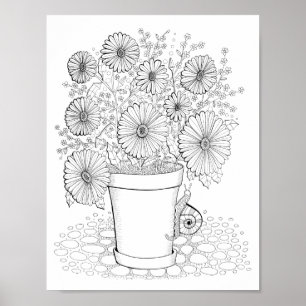 Pot of Daisies Art Coloring Page Art Poster