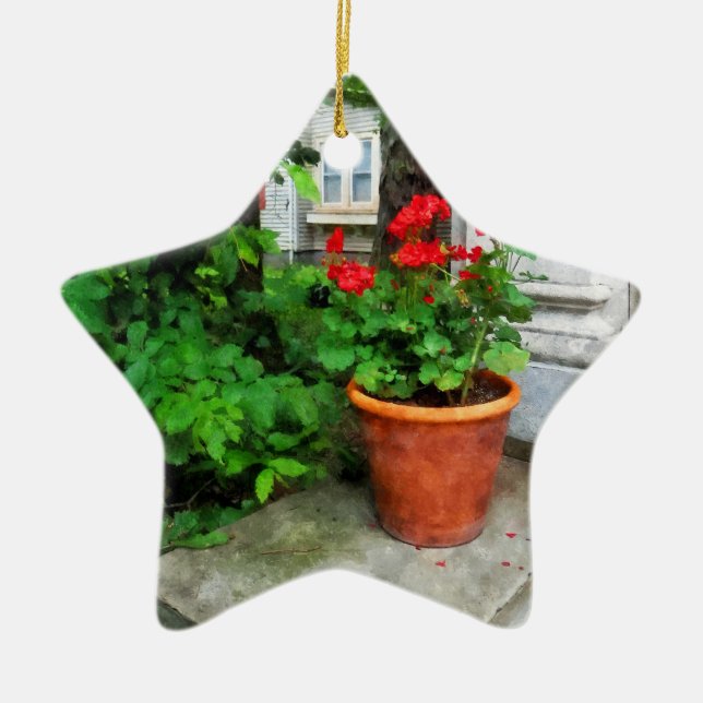 Pot of Geraniums on Stoop Ceramic Ornament (Front)