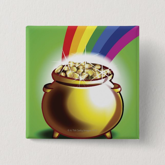 Pot of gold and rainbow 2 inch square button (Front)