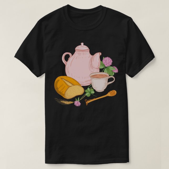 Pot of Honey Tea Bread Cup and Flowers T-Shirt (Design Front)