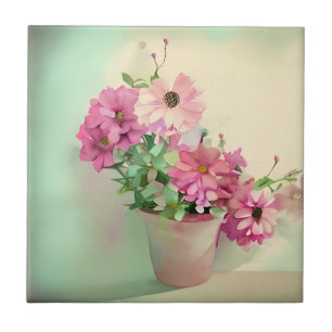 Pot of Pink Watercolor Flowers  Tile