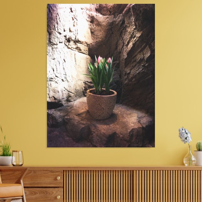 Pot of Tulips in a Grotto Canvas Print (Insitu(LivingRoom))