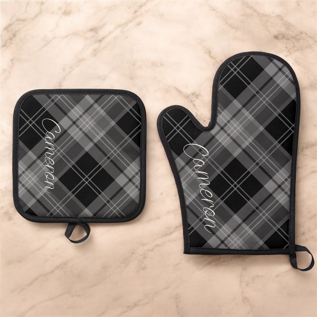 Pot Pot Pot Pot Ensemble Personnalisé Plaqué Noir (MISOOK Black Grey Plaid Oven Mitt and Pot Holder Set with Name)