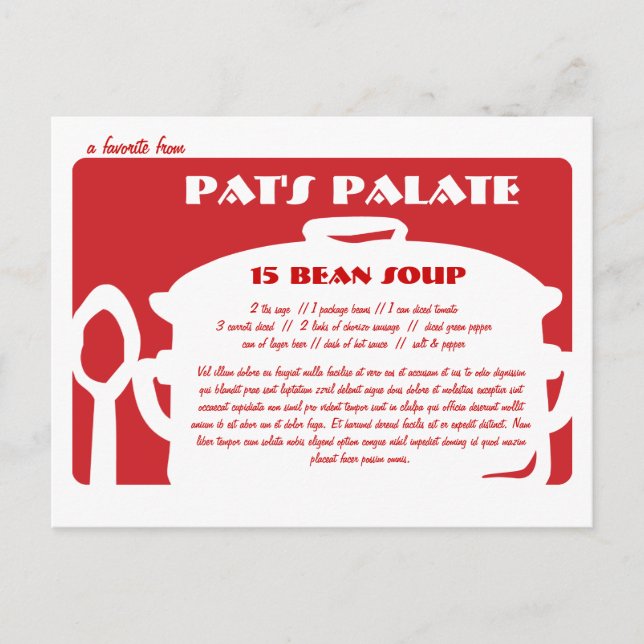 Pot rouge et blanc de soupe à carte de recette à (Devant)