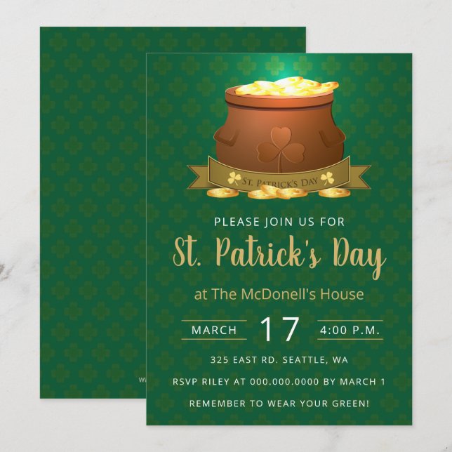 Pot vert d'or Jour de la Saint Patrick Invitation (Devant / Derrière)