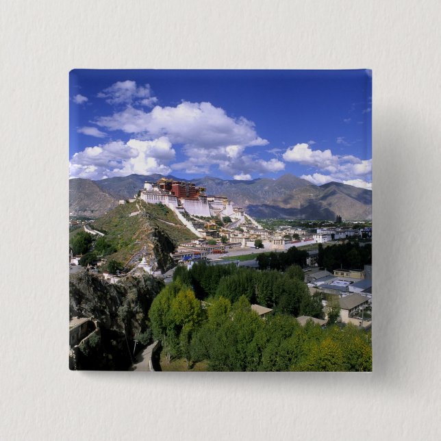 Potala Palace on mountain range from aher 2 Inch Square Button (Front)