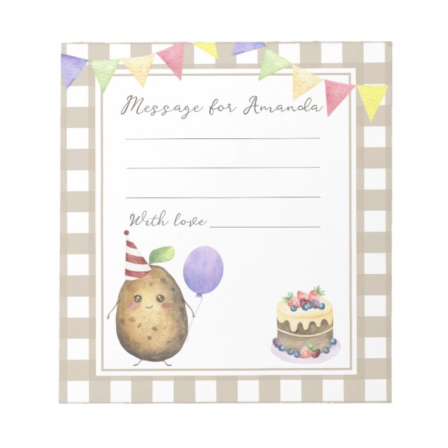 Potato birthday time capsule message notepad (Front)