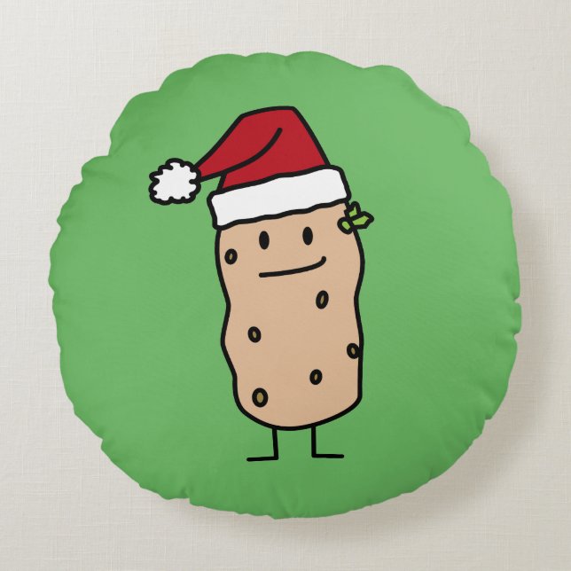 Potato Potatoes wearing Christmas Santa Hat Happy Round Pillow (Front)