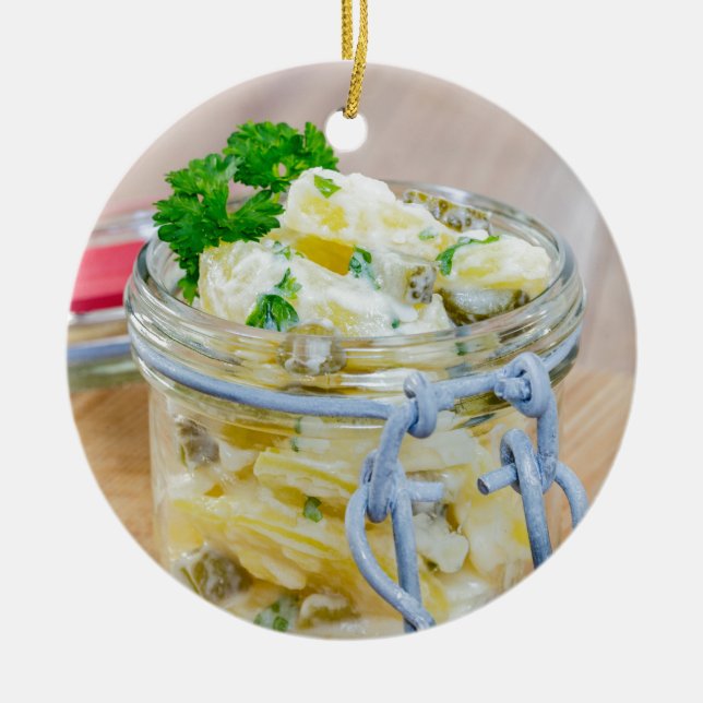 Potato salad in a jar on wooden ceramic ornament (Front)