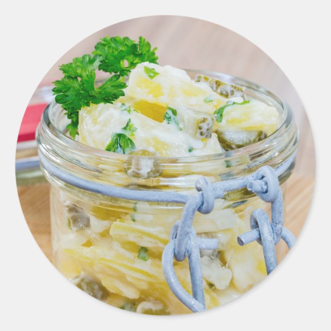 Potato salad in a jar on wooden classic round sticker (Front)