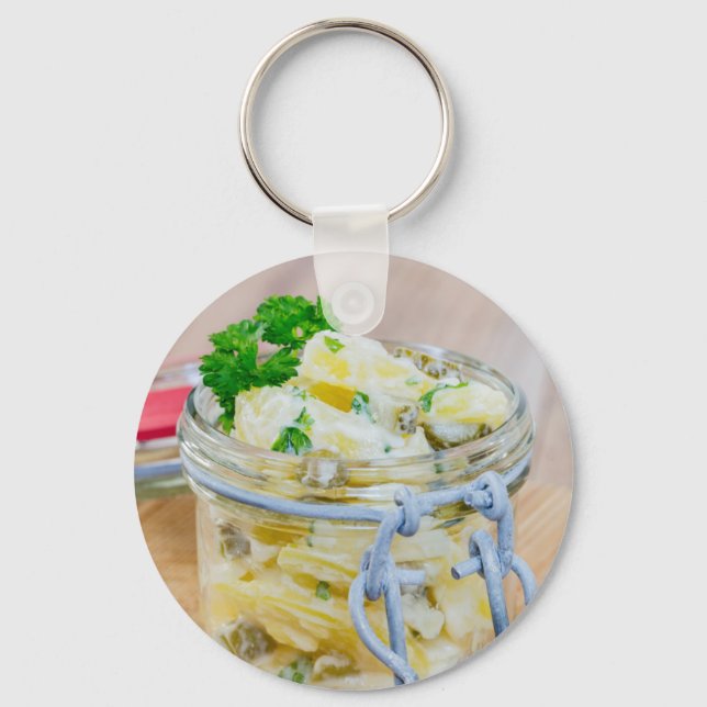 Potato salad in a jar on wooden keychain (Front)