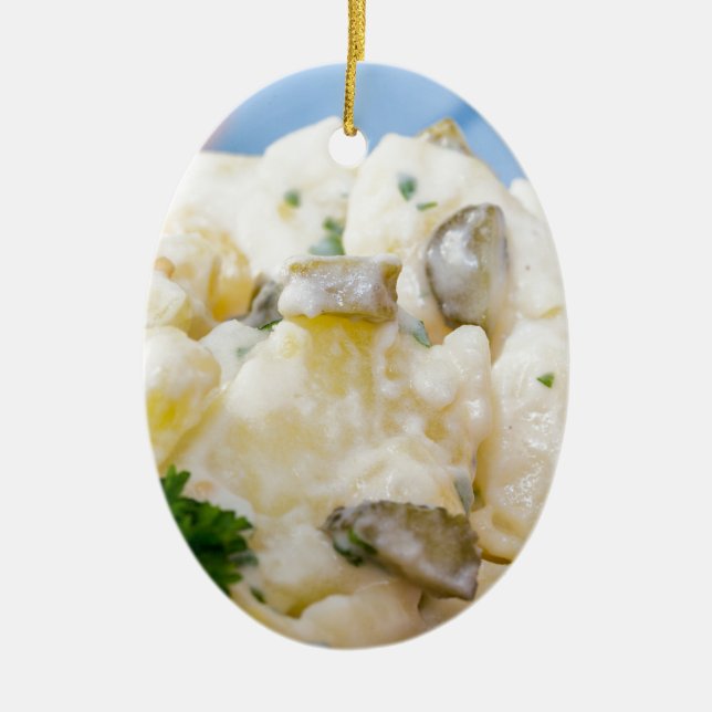 Potato salad with sausage and mustard ceramic ornament (Front)
