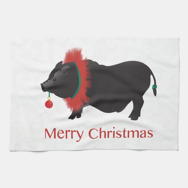 Potbellied Pig Merry Christmas Design Kitchen Towel (Horizontal)
