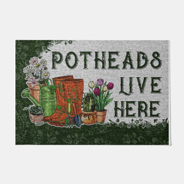 Potheads Live Here Mat, Plants Retro Vibes Doormat (Front)